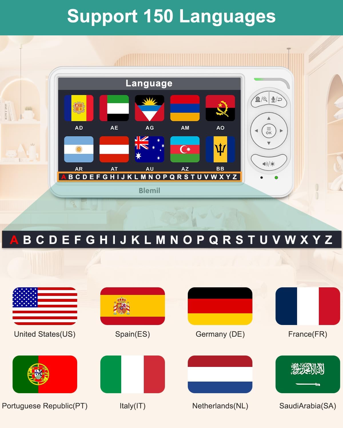 Blemil 6 Baby Monitor with 2 Cameras 4000mAh Battery Upgrade Split Screen Video Baby Monitor No WiFi Remote Pan-Tilt-Zoom Auto-Night Vision 150 Languages ECO Mode 2-Way Talk 1000FT (Ideal Condition)